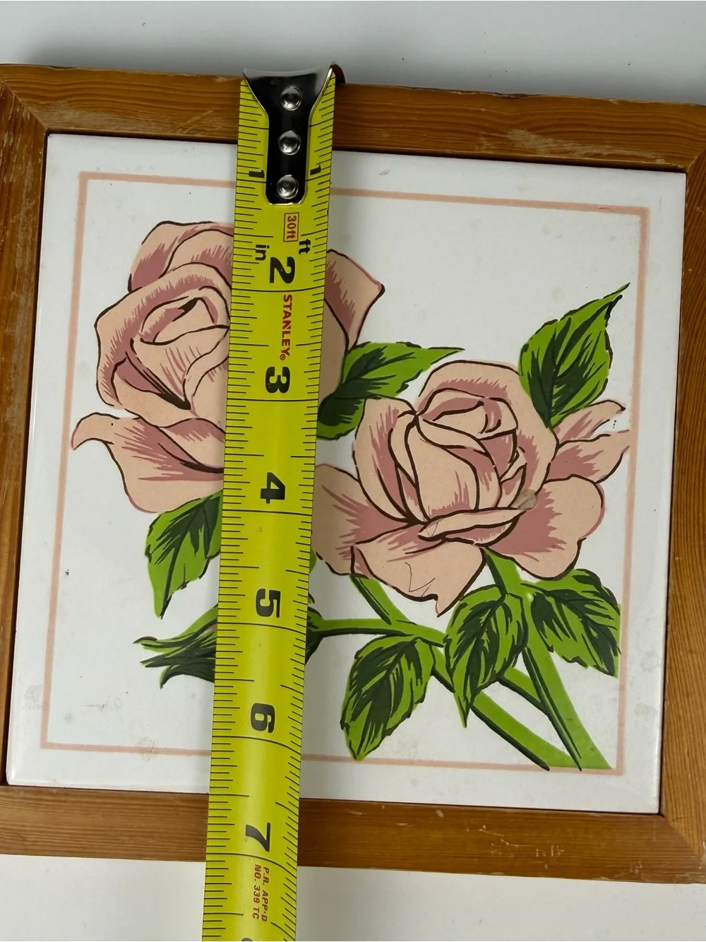 Vintage Square Wood Plaque Pink Rose White Ceramic Tile W/Hanging Hook 7”x7”